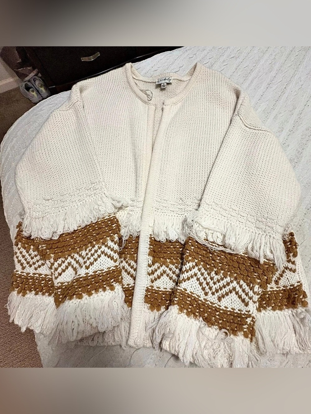 Cream & Brown Fringe Cardigan Like New